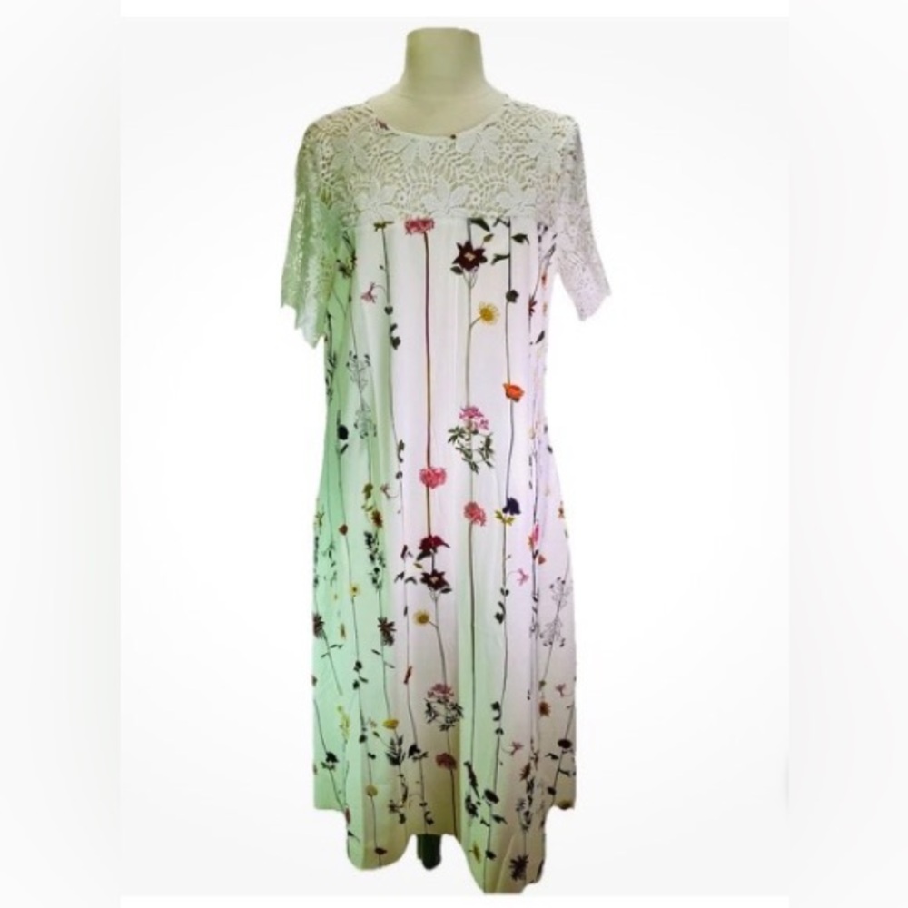 NORACORA White Floral Crocheted Lace Top SS Mid-length Dress w/ Pockets W Sz XL